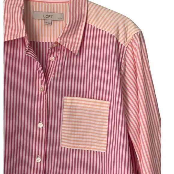 Loft Button-Down Colorful Striped Everyday Blouse Size Petite Medium Long Sleeve - Picture 3 of 6